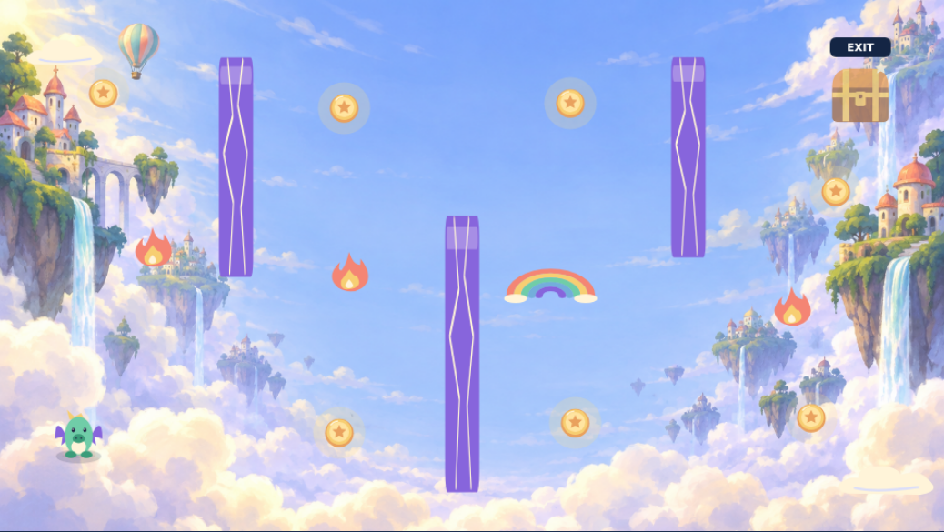 Actual Dragon’s Treasure Trail game: a dragon collecting coins among crystal walls and fire hazards